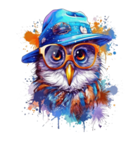 Watercolor funny Owl wearing sunglasses . png