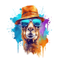 Watercolor funny camel wearing sunglasses . png