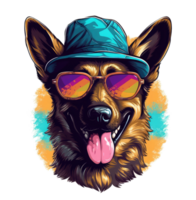 Watercolor funny German Shepherd dog wearing sunglasses . png