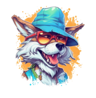 Watercolor funny wolf wearing sunglasses . png