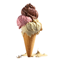 ghiaccio crema cono pieno con vaniglia, cioccolato e fragola . ai generato png