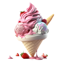 la glace crème cône rempli avec vanille, Chocolat et fraise . ai généré png