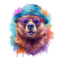 Watercolor funny grizzly Bear wearing sunglasses . png