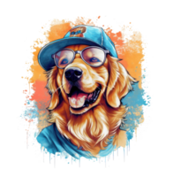 Watercolor funny Golden Retriever dog wearing sunglasses . png