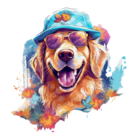 Watercolor funny Golden Retriever dog wearing sunglasses . png