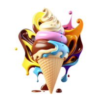 ghiaccio crema cono pieno con vaniglia, cioccolato e fragola . ai generato png