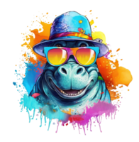 aguarela engraçado hipopótamo vestindo oculos de sol . ai gerado png