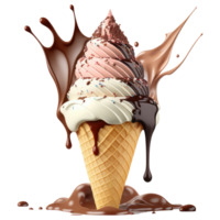 hielo crema cono lleno con vainilla, chocolate y fresa . ai generado png