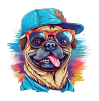 Watercolor funny Pug dog wearing sunglasses . png