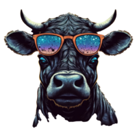 Watercolor funny cow wearing glasses . png