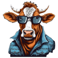 Watercolor funny cow wearing glasses . png