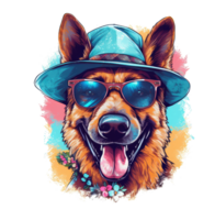 Watercolor funny German Shepherd dog wearing sunglasses . png