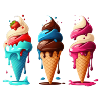 Ice Cream Cone Filled with Vanilla, Chocolate and Strawberry . png