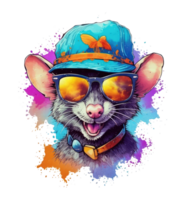 Watercolor funny rat wearing sunglasses . png