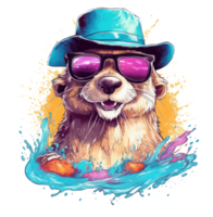 Watercolor funny otter wearing sunglasses . png