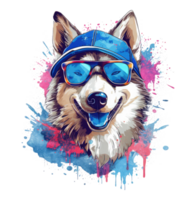 Watercolor funny Siberian Husky dog wearing sunglasses . png