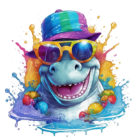 Watercolor funny hippo wearing sunglasses . png