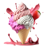 la glace crème cône rempli avec vanille, Chocolat et fraise . ai généré png