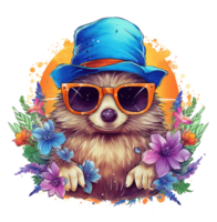 Watercolor funny Hedgehog wearing sunglasses . png