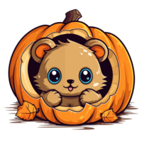 Teddy Bear Peeking Out From Halloween Pumpkin - png
