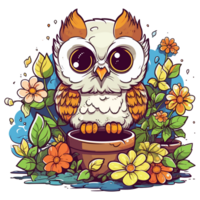 Kawaii Owl In Garden - png