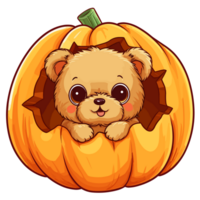 Teddy Bear Peeking Out From Halloween Pumpkin - png