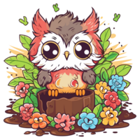 Kawaii Owl In Garden - png