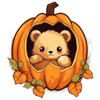 Teddy Bear Peeking Out From Halloween Pumpkin - png