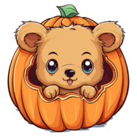 Teddy Bear Peeking Out From Halloween Pumpkin - png