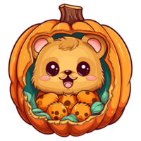 Teddy Bear Peeking Out From Halloween Pumpkin - png