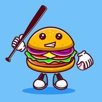 Vector illustration of kawaii burger cartoon character with baseball bat and ball. Vector eps 10