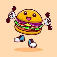 vector ilustración de kawaii hamburguesa dibujos animados personaje con barra con pesas. vector eps 10