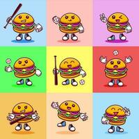 conjunto de vector ilustración de kawaii hamburguesa dibujos animados personaje con béisbol murciélago y pelota. vector eps 10