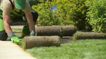 Worker Unrolling Turf And Laying It Down. video