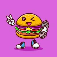 Vector illustration of kawaii burger cartoon character with barbell. Vector eps 10