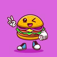 Vector illustration of kawaii burger cartoon character with baseball bat and ball. Vector eps 10