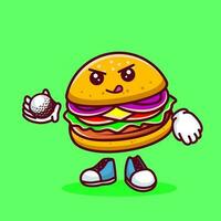 vector ilustración de kawaii hamburguesa dibujos animados personaje con palo golf y pelota. vector eps 10