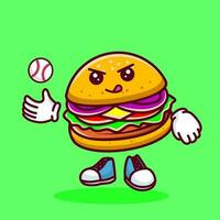 vector ilustración de kawaii hamburguesa dibujos animados personaje con béisbol murciélago y pelota. vector eps 10