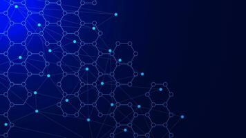 Abstract technology background with hexagons and connecting dots and lines. Big data visualization, network connection and global communication concept. Vector illustration.