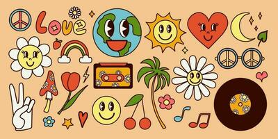 Groovy vibe hippie vector set. 60s, 70s. Daisy, love, heart, music.