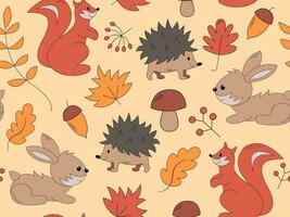 Vector seamless pattern with cute cartoon autumn elements for Thanksgiving day decoration. Small wild animals - squirrel, hedgehog and hare in the autumn forest with yellow leaves.