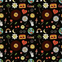 Groovy vibe vector seamless pattern on dark background.60s, 70s. Hippie, love music, Earth, smile, flowers