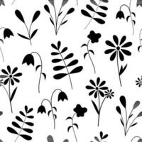 Vector summer seamless pattern with minimal black small flowers. Simple silhouettes plants print on white background.