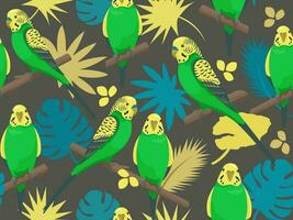 Vector parrots love seamless pattern. Cartoon cute colorful budgerigars sitting on branch. Talking bright budgie family with tropical leaves. Creative style summer print