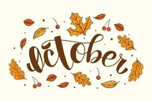 octubre letras con otoño decoración vector