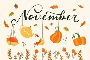 November Lettering With Autumn Decoration vector