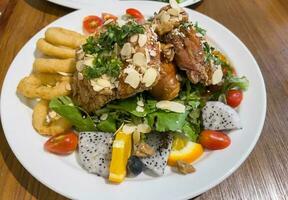 Delicious  food on a wooden table photo