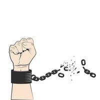 Hand clenched into fist with tearing chain or fetter. Symbol of revolution and freedom. Freedom concept. Vector