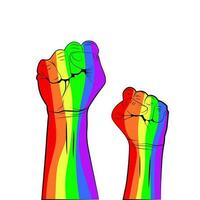 Gay Pride. LGBT concept. Rainbow colored hand with fist raised up isolated on white background. Vector