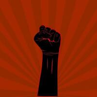 Black hand with fist raised up on red background protest or revolution poster. Vector